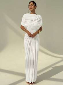 Aloruh Women's Solid Color Pleated Batwing Sleeve Elegant Dress - White - View 5