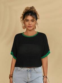 Travachic Plus Size Women's Casual Summer Beach Wear Colorblock Green Trim Basic Knit Cropped Top T-Shirt - Black - View 5