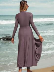 Swim Mulvari 女式两件套泳衣 BURKINI 斋月纯色拉链长裙多层荷叶边下摆端庄收腹泳衣