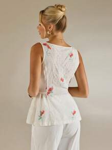 Avantive Summer New Square Neckline Sleeveless Printed A-Line Women Top - Red and White - View 2