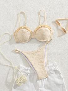 Swim Mod Women Underwire Floral Print Bikini With Ruffle Trim & Spaghetti Straps For Summer Beach Vacation - Beige - View 7