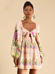 Travachic 满版心形印花 V 领扭纹长袖优雅连衣裙，奶油黄色连衣裙，节日装