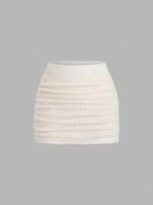 Sweetra 2pcs/Set Women's Off-White Striped Bubble Pleat Twist Halter Neck Backless Tie Up Top And High Waist Tight Short Skirt,Summer Casual Holiday Vacation - Apricot - View 3
