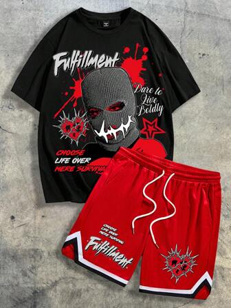 AXEPEAK Men's Slogan Printed Black T-Shirt + Red Basketball Shorts Sports Suit Summer Outfit, Streetwear Ready