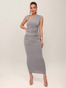 Silquee Vestido elegante de mujer de corte slim y largo con cuello asimétrico y plisado para fiesta