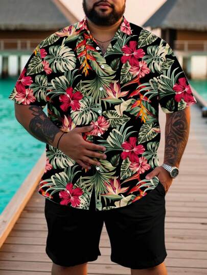 Manfinity RSRT Fashionable Casual Mature Resort Vintage Tropical Plant Floral Allover Digital Print Pattern Slim Fit Short Sleeve Shirt For Plus Size Men, Suitable For Summer Outdoor Vacation, Dating, Party, Great Gift For Boyfriend