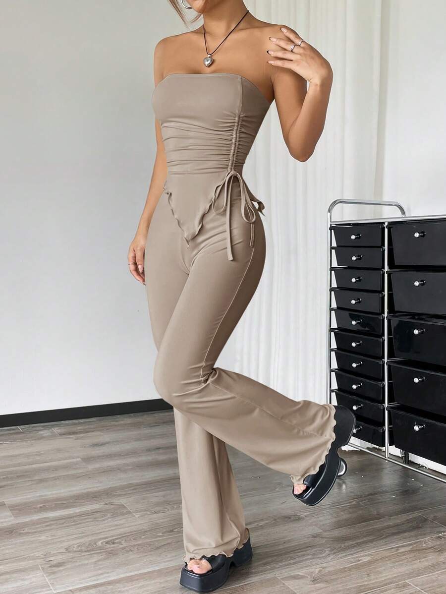 SHEIN EZwear Set de 2 piezas: Top bandeau drapeado con bajo asimétrico y pantalones de campana - Caqui - Ver 1