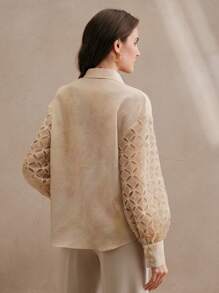 Anewsta بلوزة من الأتلاس مطرزة بالترتر أنيقة بأكمام طويلة فضفاضة وشاملة - أصفر - مشاهدة 2