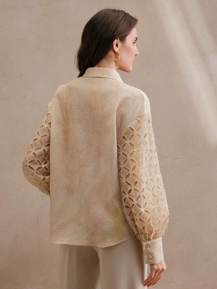Elegant Sequins Embroidered Satin Blouse Long Sleeve Loose Versatile