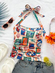 Soleia 女士度假针织浪漫粉色芙蓉印花吊带褶皱腰修身时尚吊带背心，适合春夏时尚、派对、约会、情人节、下午茶、复活节、狂欢节、海滩巡游度假 - 彩色 - 查看 5