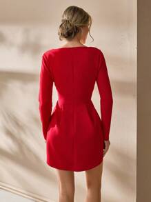 SHEIN Cottnline Rhinstone Embellishment Detailed Square Neck Long Sleeve Princess Shape Elegant Short Dress - Burgundy - View 2
