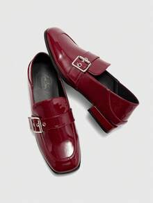 CUCCOO BIZCHIC Women's Adjustable Buckle Design Retro Chunky Heel Shoes - Burgundy - View 4