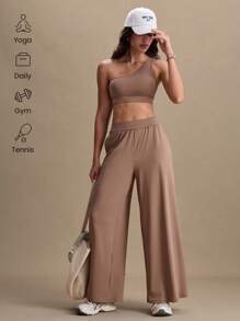 SHEIN Sports 女士瑜伽和健身不对称单肩文胸和阔腿裤套装，休闲 - 棕色 - 查看 6