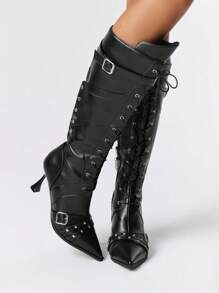 ROMWE Grunge Punk Women's Gothic Strap Lace-Up Chain Design Pointed Toe High Heel Mid-Calf Boots - Black - View 1