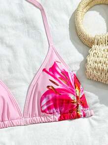 SHEIN 少女三件套花卉印花三角比基尼泳装，带露背领口设计和沙滩裙罩衫，适合度假、复古、海滩、海洋、优雅、可爱 - 彩色 - 查看 3