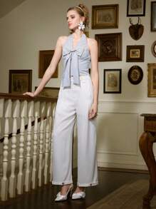 SHEIN MOD Pantalones anchos casuales lisos para mujer - Blanco - Ver 3