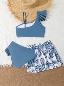 3pcs Grey Set For Tween Girls: Grey/Blue Solid Bikini + Tropical Print Coverup & Skirt Tween Girl Summer Clothes Tween Summer Cloths Tween Girls Set Toddler Girl Bathing Suits Tween Clothes Girls Summer
