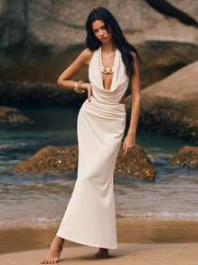Poéselle Vestido con cuello drapeado, espalda descubierta y tirantes anudados, estilo bohemio para la playa, para mujeres - Albaricoque - Ver 4