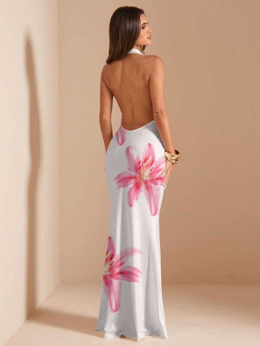 SHEIN BAE Casual All-Over Print Draped Neck Long Dress/Pink Ombre Dress/Island Vacation Dress/Resort Dress/Birthday Party Dress/Elegant Backless Dress For Women/Elegant Dresses For Party,Bodycon Dress Chic Dress - Multicolor - View 1