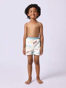 SUMWON 复古夏季海滩印花泳裤儿童泳池短裤夏威夷风格棕榈树冲浪板海浪图案弹性腰带抽绳开合