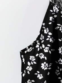 SHEIN VCAY 花卉印花加大码女式撞色蕾丝吊带背心，适合度假 - 黑色 - 查看 6