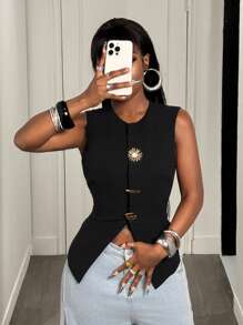 BamGleam Women Sleeveless Cotton Linen Vest Blazer - Black - View 7