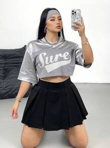 Flirla Plus Size Women High Waist Pleated A-Line Black Shorts, Elastic Waist, Minimalist Elegant Casual For Office Wear Summer - Black - View 4