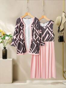 EMERY ROSE Plus Size Women's Plaid Casual Elegant Round Neck 2 Pieces Set - Pink - View 1