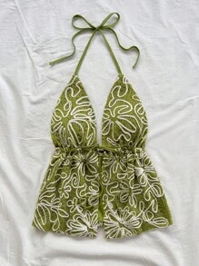 Soleia 女士刺绣露背系带露背上衣，适合节日、约会、下午茶、度假、音乐节、海滩、夏季、波西米亚风、度假、钩针编织、亚麻 - 綠色 - 查看 7