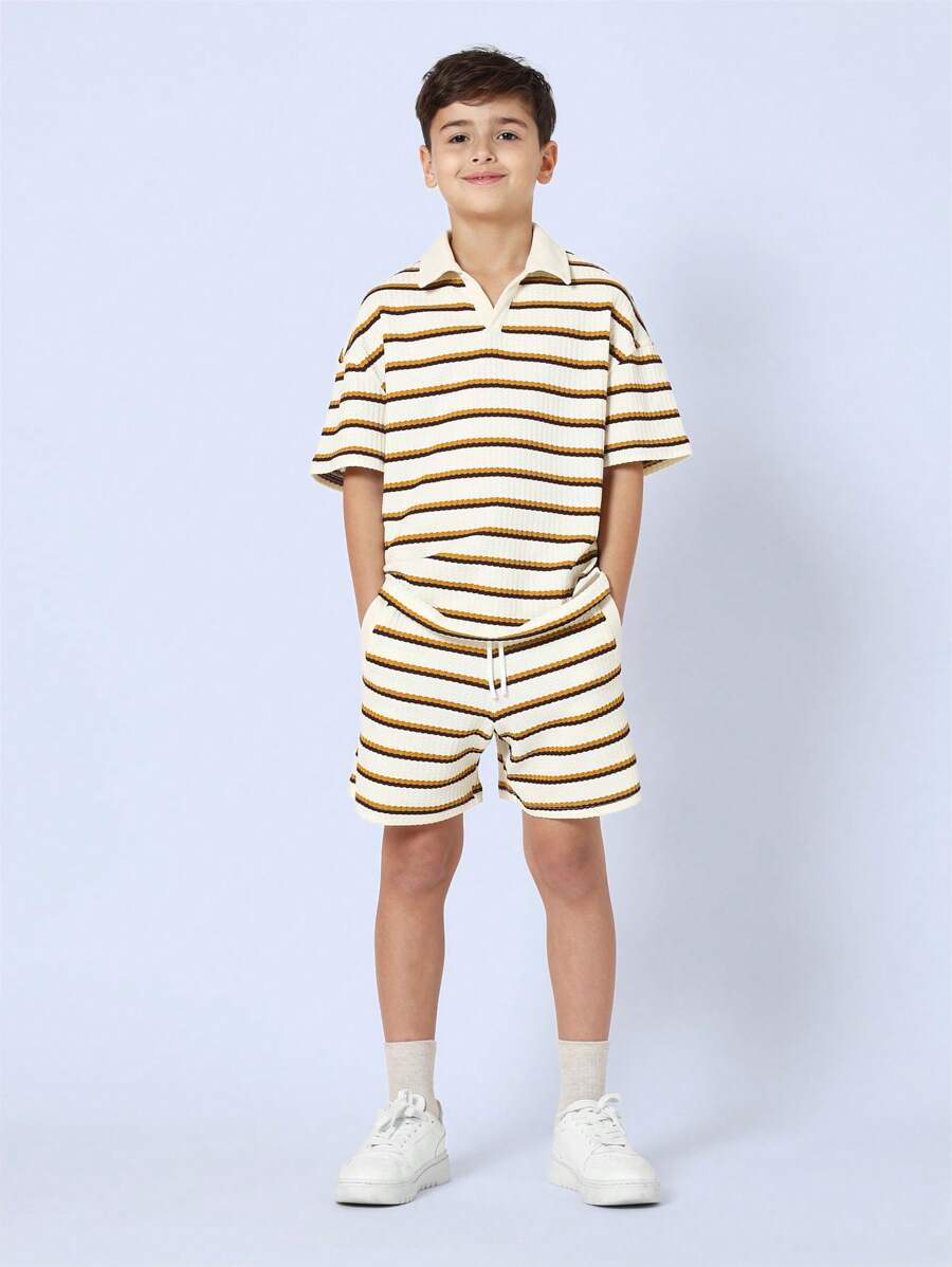 SUMWON Retro Stripe Terry Cloth Polo Short Set Summer Vacation Resort Wear Beach Co-Ord Athletic Tennis Leisure Preppy Outfit - Brown - View 1