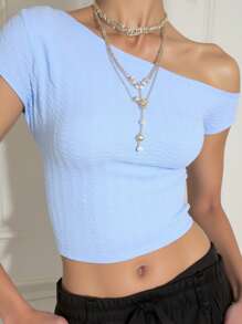 Girlism Teen Girls Solid Color Blue Knitted Texture Oblique Shoulder Short Sleeve Top T-Shirt, Vacation Style, Bowknot, For Spring & Summer, Valentine's Day, New Year, Elegant, Red/Vintage, Beach, Vacation, Music Festival, Bohemian, Holiday, Afternoon Tea