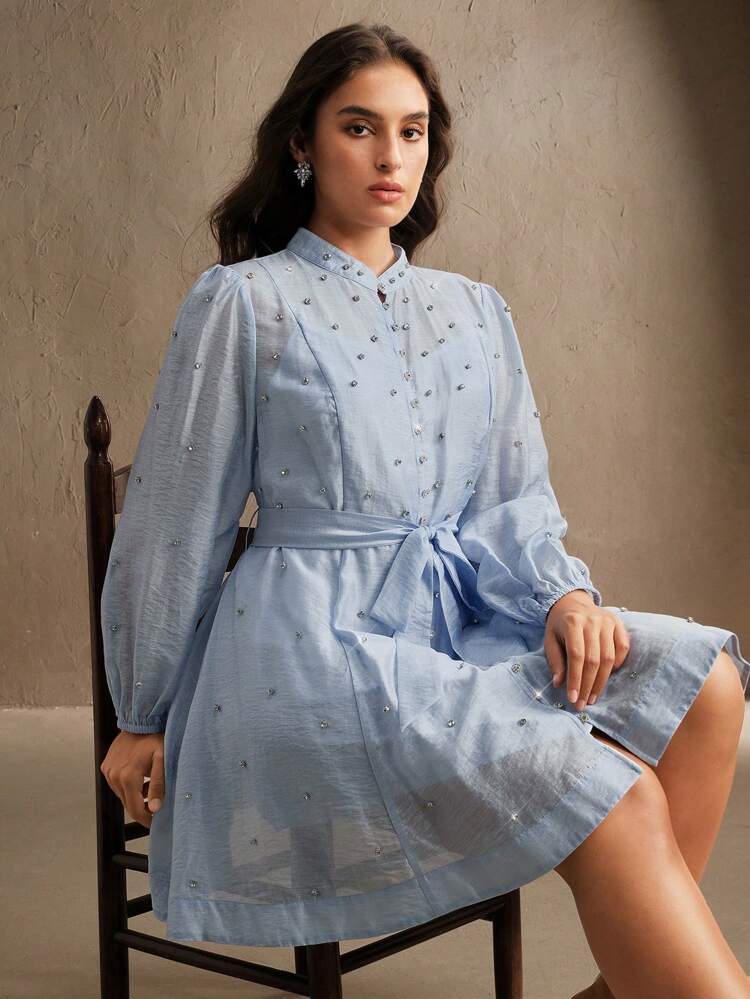 Plus Size Women Rhinestone Decor Belted Cardigan Shirt Dress, Elegant & Versatile, Blue