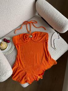 Comfortcana 女士橙色和黄色针织垂坠金属贝壳扣不对称下摆荷叶边波西米亚假日休闲风格 - 橘色 - 查看 5