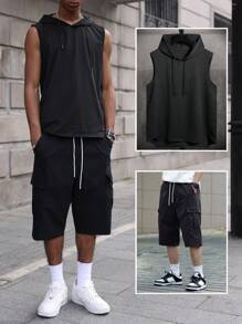 Manfinity Roghcode Men Summer Minimalist Solid Color Drawstring Hoodie Top And Shorts Set - Black - View 1