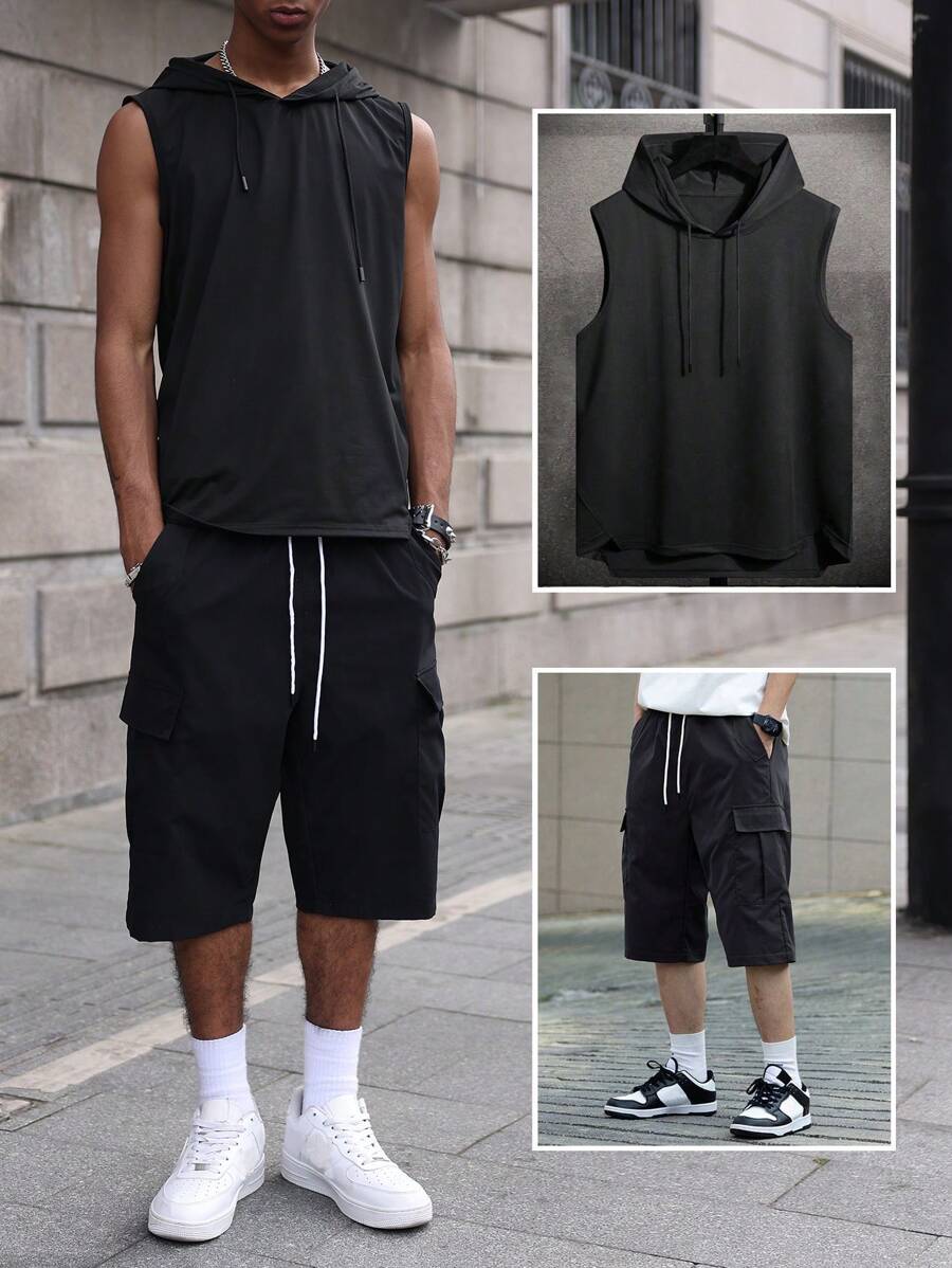Manfinity Roghcode Men Summer Minimalist Solid Color Drawstring Hoodie Top And Shorts Set - Black - View 1