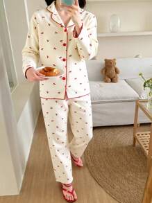 Genkimix Kids Teen Girls Apricot Minimalist Cherry Print Long Sleeve Top And Pants 2 Pieces Casual Comfortable Loungewear Set,Summer,Travel - Apricot - View 4