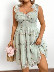 SHEIN VCAY Plus Size Floral Embroidery Strap Dress - Green - View 5