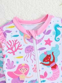 Newborn Swimsuit, Mermaid Print, Knit Fabric, Ruffled Edges, One-Piece Swimwear, With Hat, Girls, Fashion Leisure, Refined, Suitable For Swimming, Vacation, Summer Tropical Baby Clothes Baby Girl Clothes Beach Baby Beach Clothes Baby Girl Beach Clothes Swim Clothes For Baby Girl