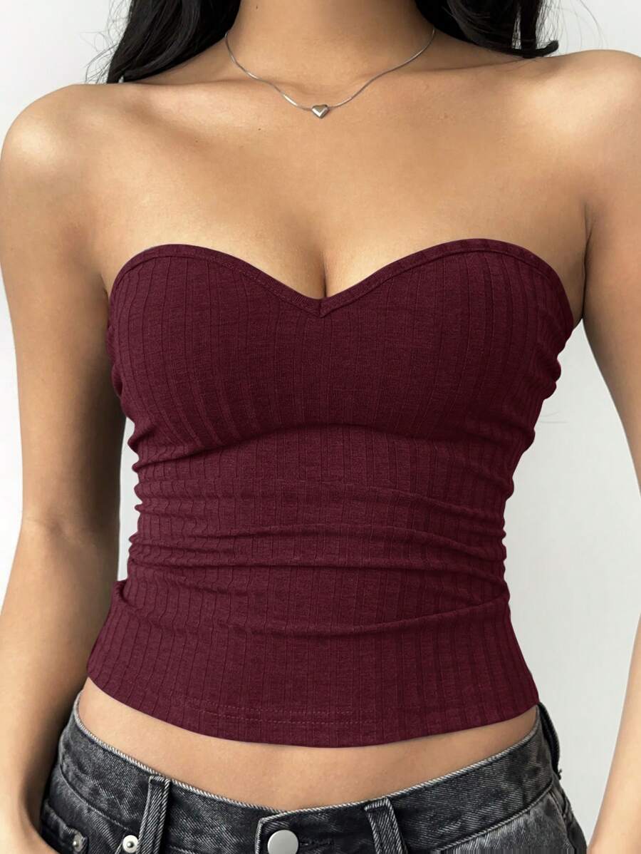 SHEIN BASICS Áo ống bó màu trơn thường ngày cho nữ - Màu Đỏ Sâu - Xem 1