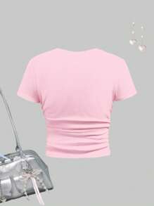 SHEIN Tween Girls Butterfly Print Fitted Casual Knit Pink Round Neck Ruffle Short Sleeve T-Shirt, Suitable For Summer