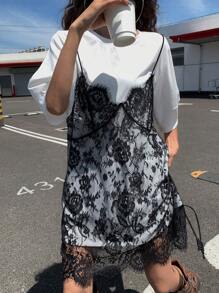 DAZY Vestido de mujer con mangas cortas, splice de encaje y 2 en 1, vestidos casuales para mujeres