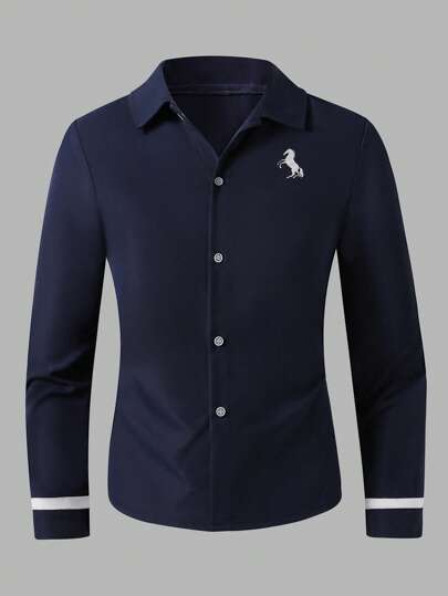 SHEIN Casual Gentlemanlike Long Sleeve Embroidered Horse Shirt For Teen Boys Chic Outfits For Autumn/Winter