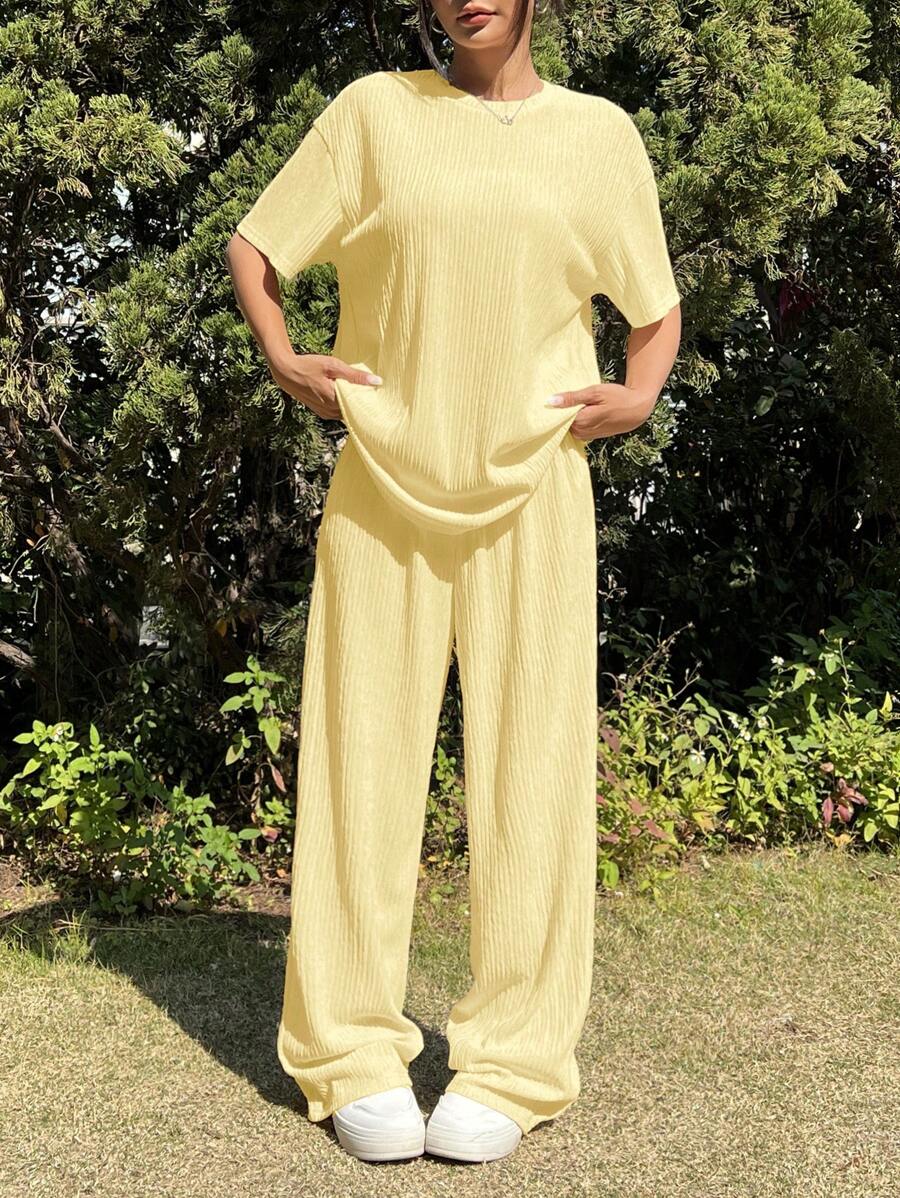 Muchica Butter Yellow Knitted Texture Loose T-Shirt And Pants Casual Set, Summer - Yellow - View 1