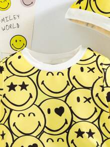 SmileyWorld® | SHEIN Baby Boy Cartoon Smiling Face Pattern Yellow Cute Playful Hooded Romper Set