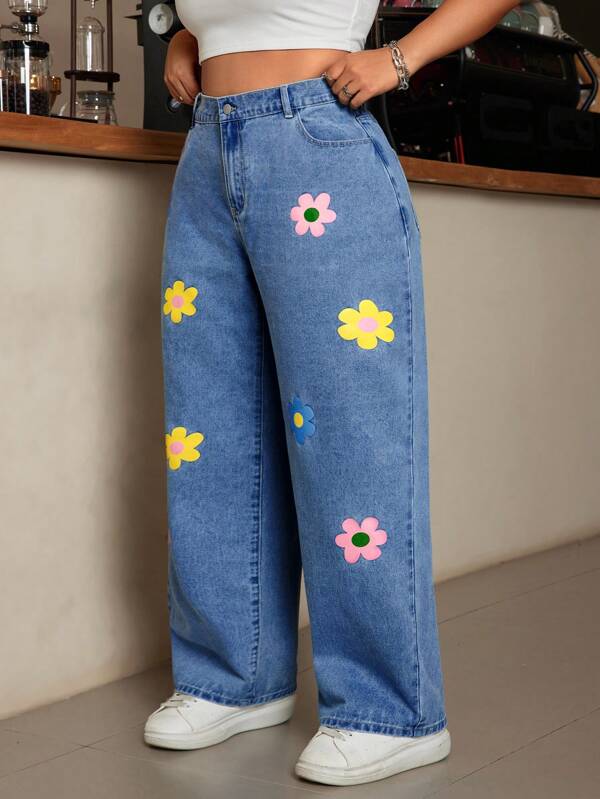 SHEIN ICON Blugi denim casual cu imprimeu floral spălat, mărime plus