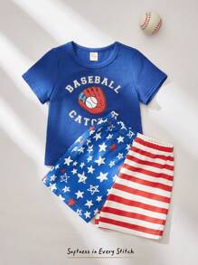 Cozy Pixies Baby Boys 4th Of July US Flag & Letter Print Short Sleeve T-Shirt And Red White Blue Printed Shorts Set, Summer Outfits, Independence Day Clothing - Blue - View 3