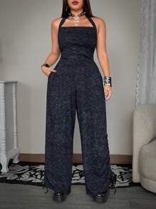 Flirla Mono holgado y cómodo con volantes y lazada para mujer de talla grande, atuendo casual para primavera/verano