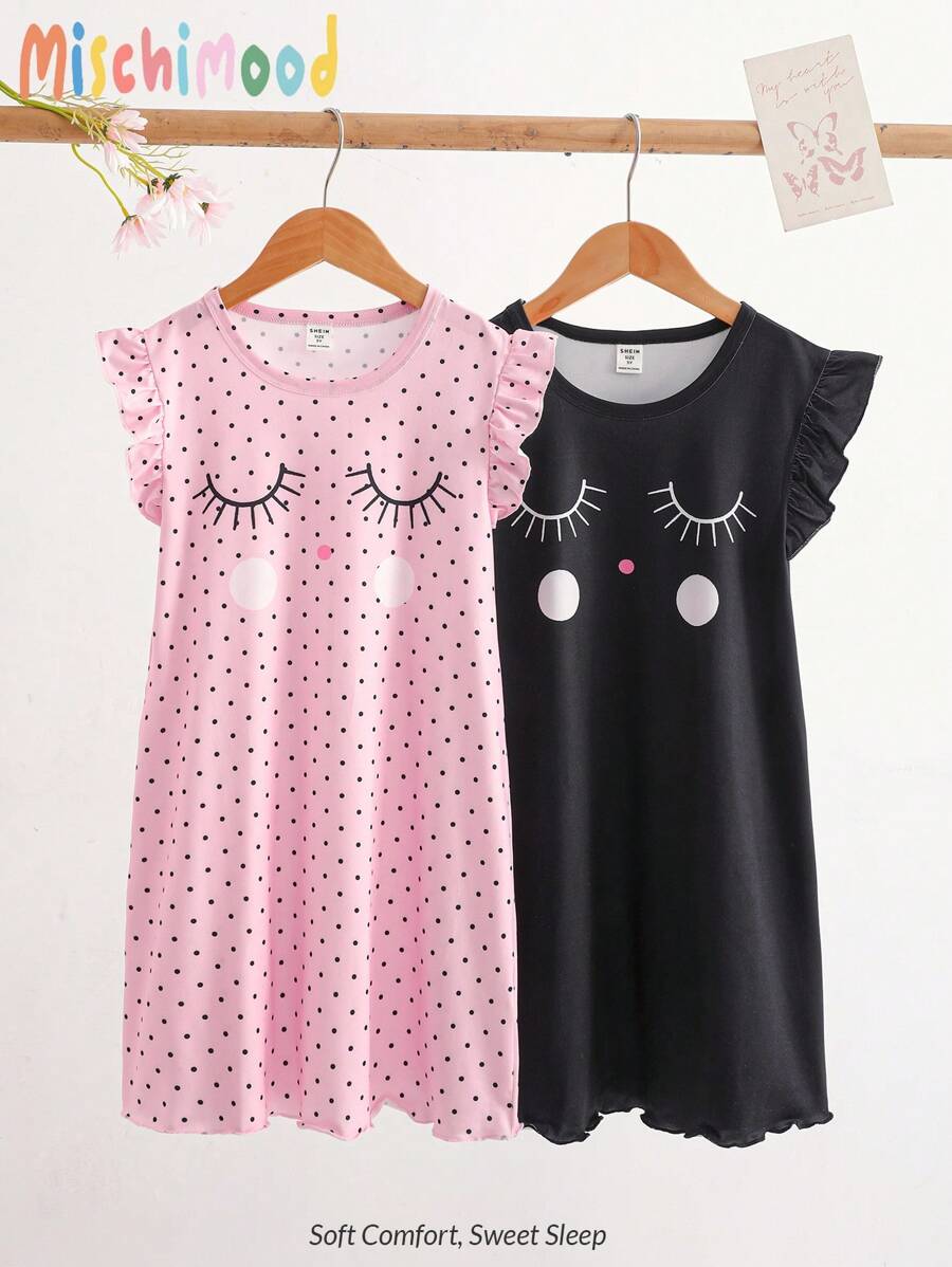 2 pezzi/set Camicie da notte casual lunghe da ragazza senza maniche con volant, set per la primavera/estate