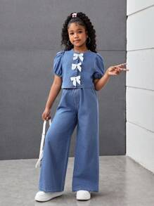 Firerie Kids Firerie Kids Conjunto de top con botones y volantes en las mangas y pantalones vaqueros anchos y sueltos para niñas preadolescentes, ideal para primavera y verano, atuendos casuales versátiles para conciertos, festivales, brunch de verano, iglesia, graduación y regreso a la escuela - Azul lavado medio - Ver 3
