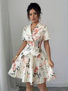 Selianne 印花短袖褶皱A字优雅浪漫女士套装